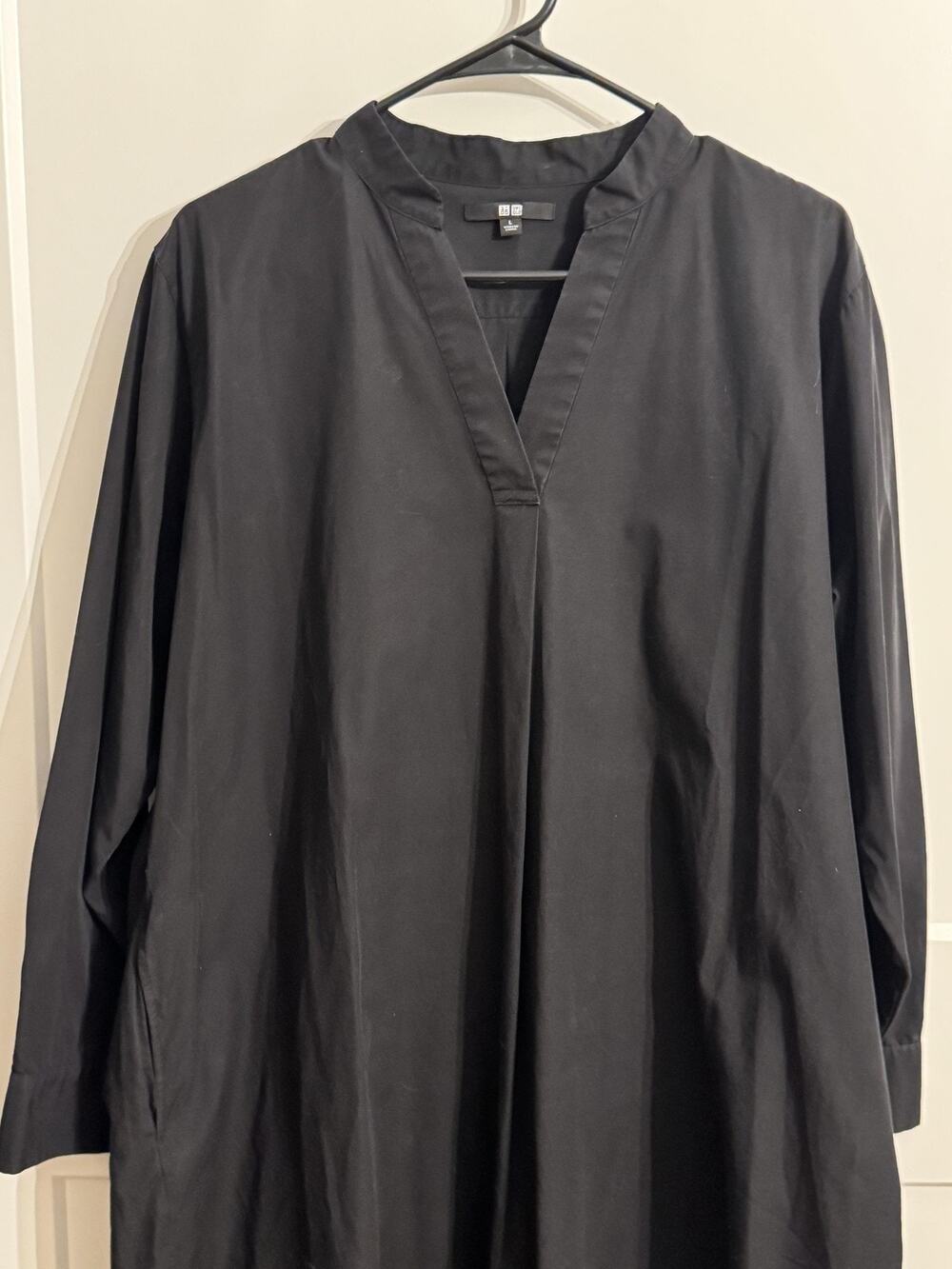 Uniqlo Shirt Dress Womens Large Black V Neck Long Sleeve Shift Midi Pockets